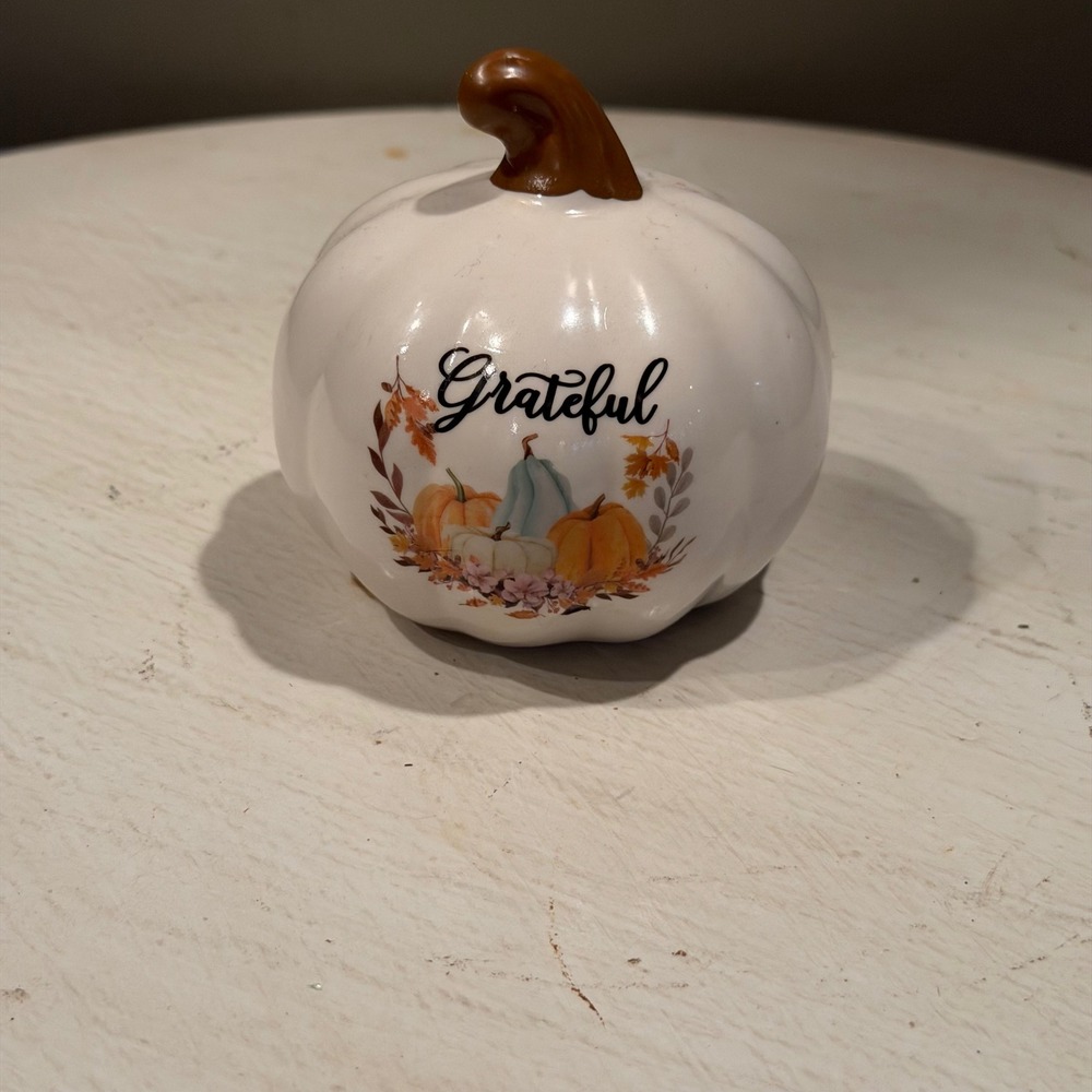White Ceramic‎ Pumpkin Grateful Fall Autumn Table Decor Accent